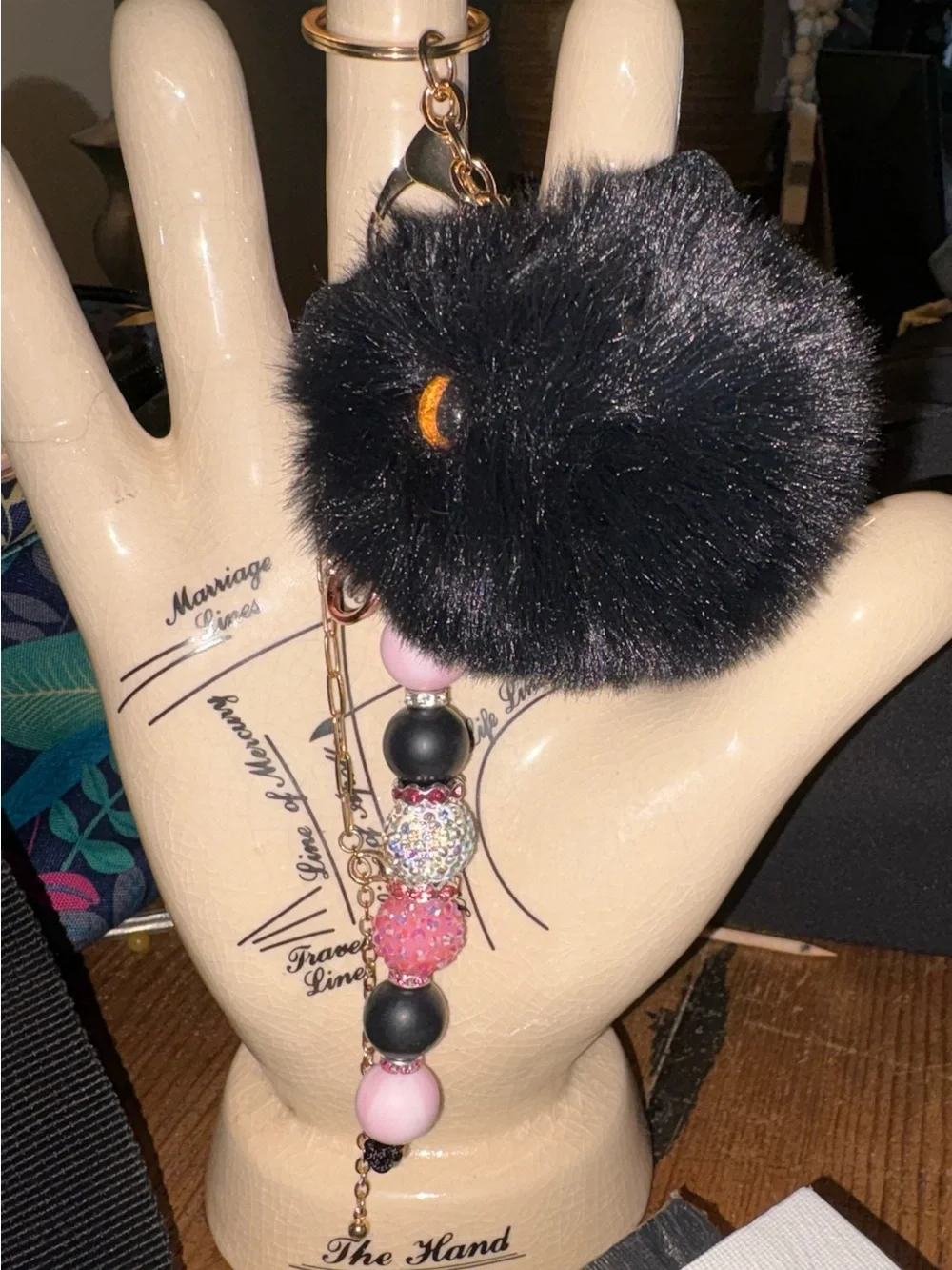 Breast cancer bag charm with black cat Pom